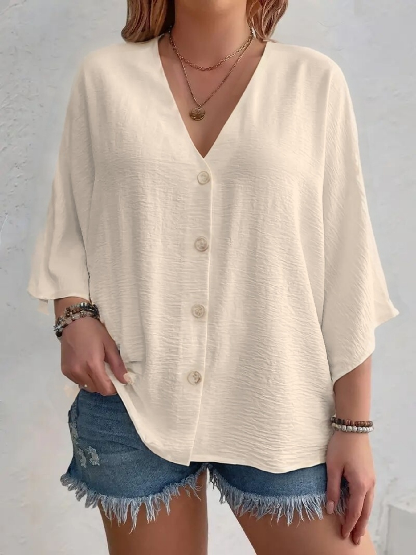 Grande taille 2025 nouvelle mode femmes hauts ample col en v à manches longues T-Shirt printemps été élégant couleur unie blouse décontractée