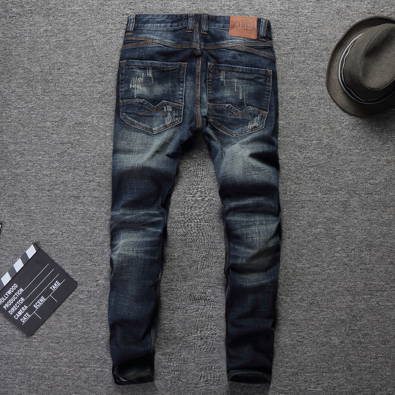 Nouvellement créateur de mode hommes jean rétro vert bleu coupe ajustée déchiré jean hommes pantalon Vintage décontracté coton Denim pantalon Hombre