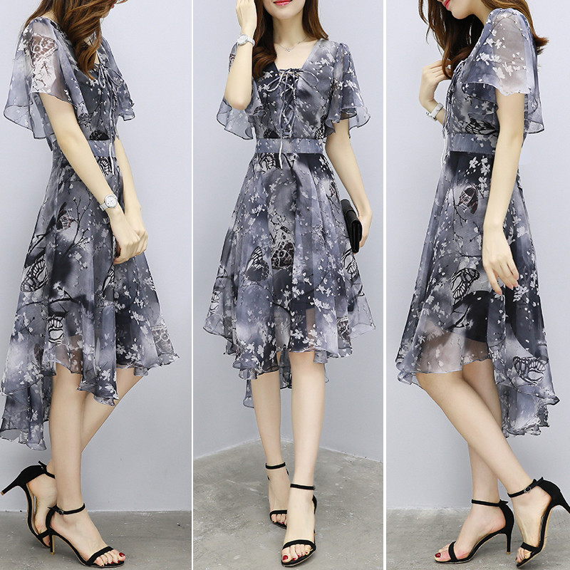Robe florale en mousseline de soie pour femme, tendances 2026, nouveauté, élégante, col en V, manches courtes, style coréen, robe d'été, vêtements féminins