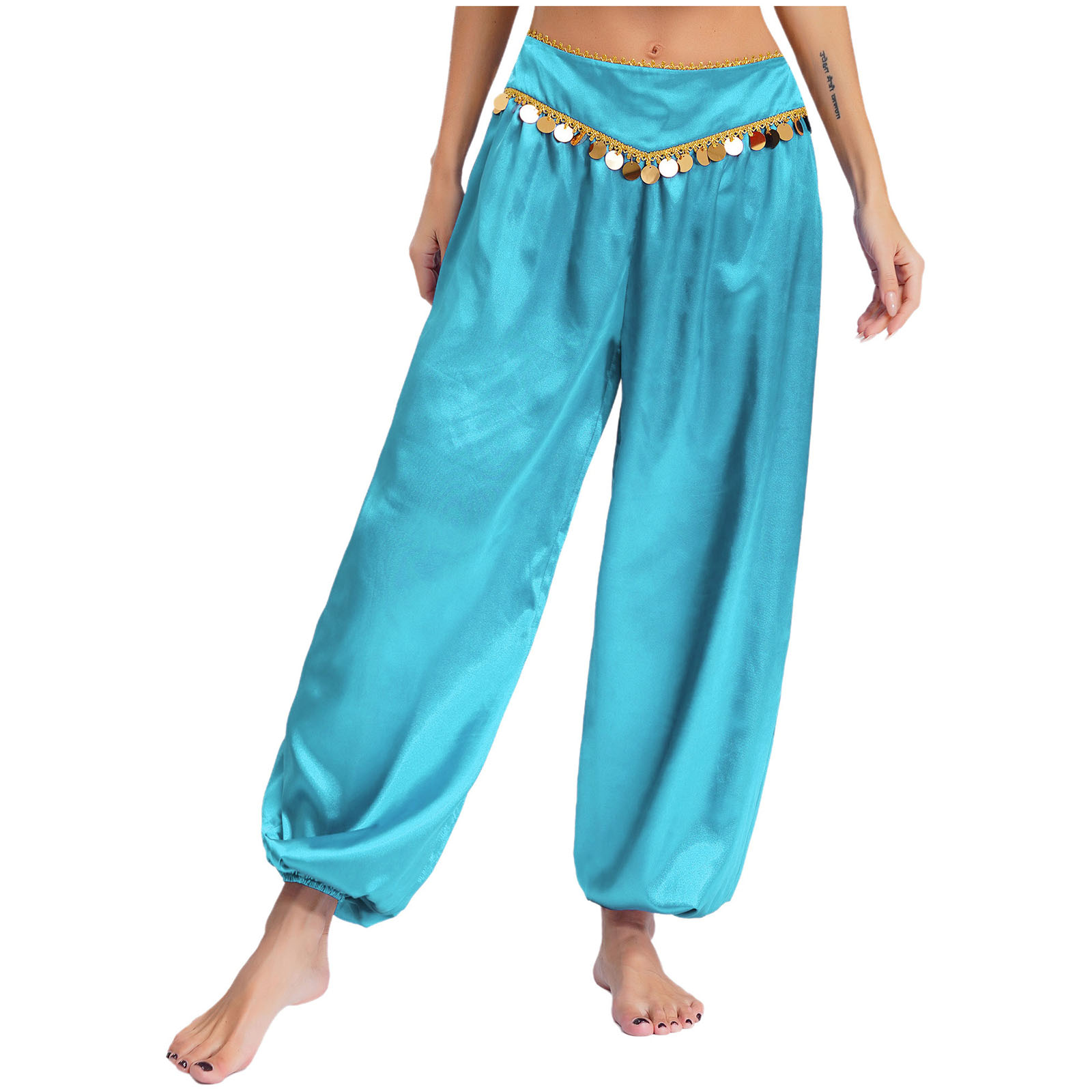 Pantalon de danse orientale indienne pour femmes, style harem, costume de princesse arabe pour cosplay, taille basse, orné de sequins, idéal pour une fête d’Halloween.