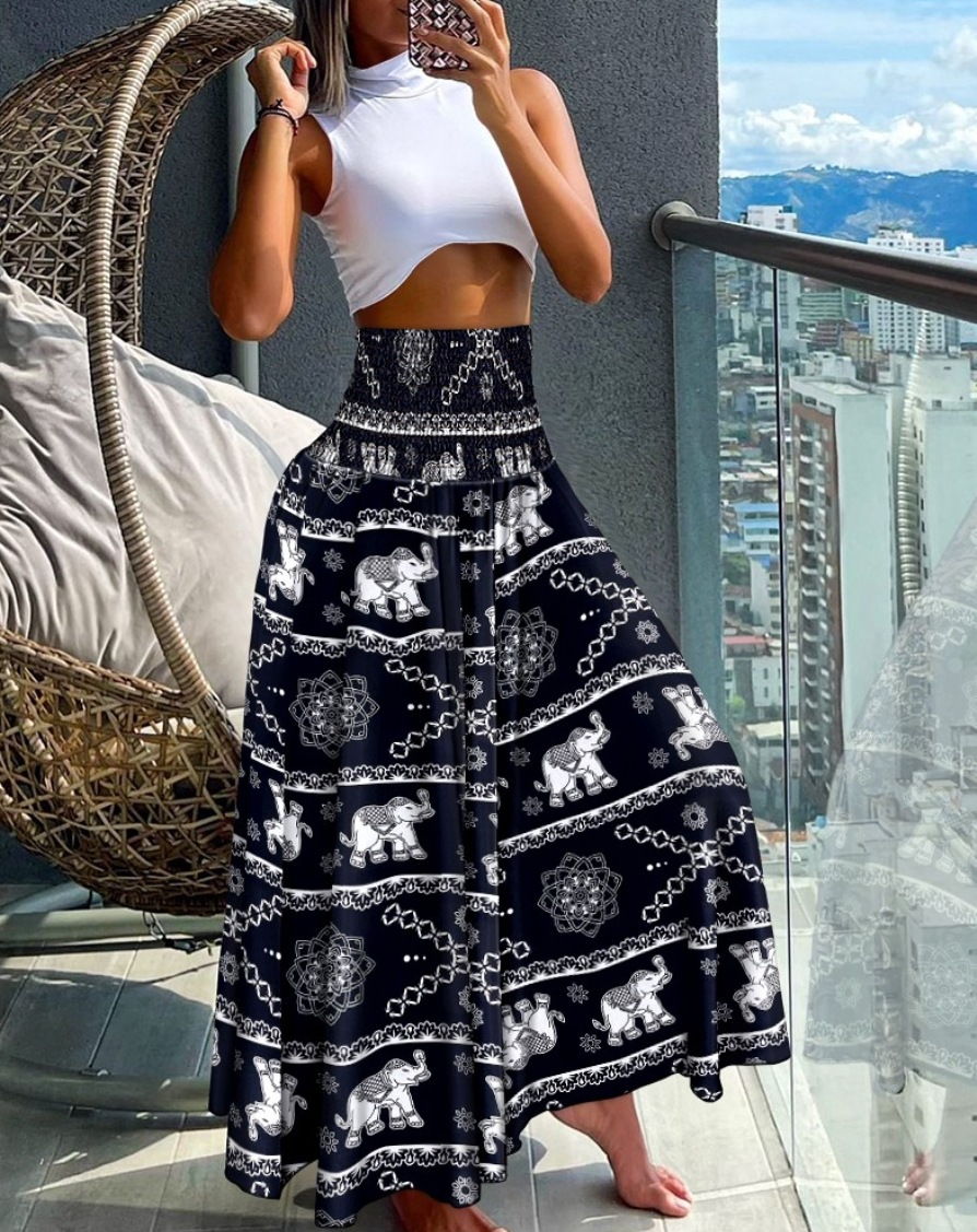 Jupe longue pour femme à taille haute et élastique, style bohème, imprimé géométrique, fluide, maxi, pour l'été et la plage
