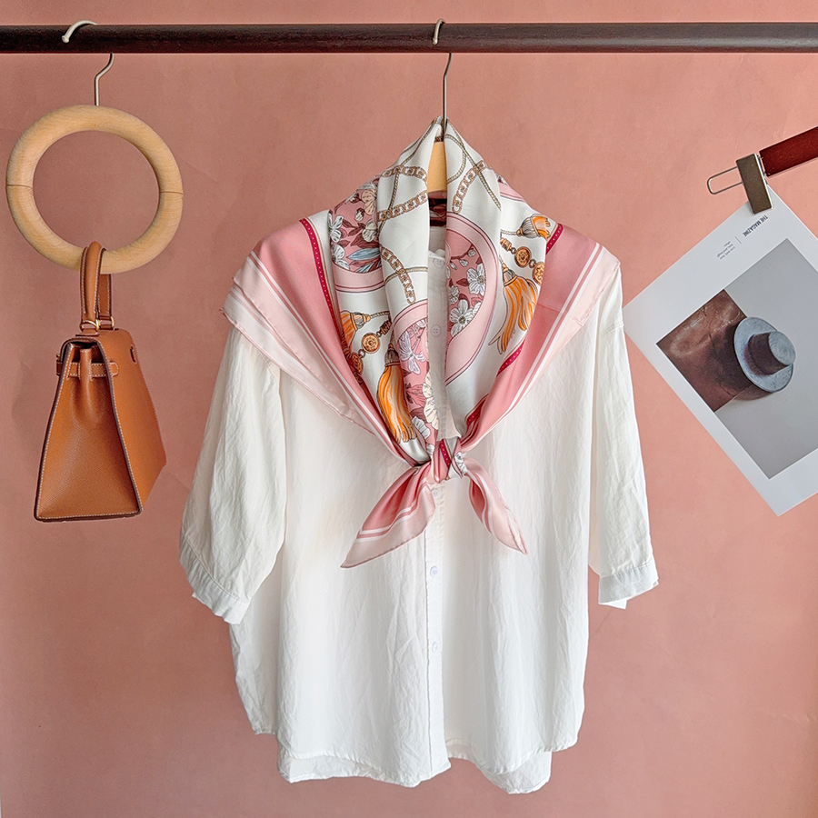 Écharpe de luxe en soie blanche et rose 100% soie pour femme, bandana 90 cm en soie sergée, châles et foulards pour la tête, écharpes de cou, hijab, pour l'extérieur