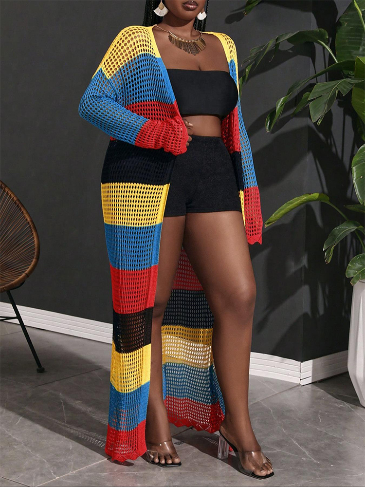 Robe cardigan en crochet color-block grande taille pour femme : mode estivale, tenue de plage, tenue de vacances sexy pour le bord de mer