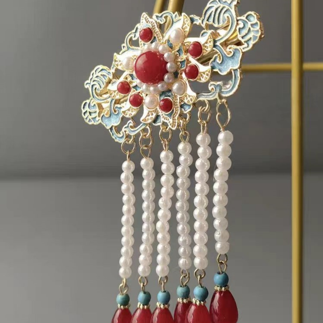 Accessoires pour cheveux de style Hanfu ancien, style rétro des dynasties Song et Ming, pinces à cheveux bleu brûlé, tenue de mariée, pinces à cheveux rouges.