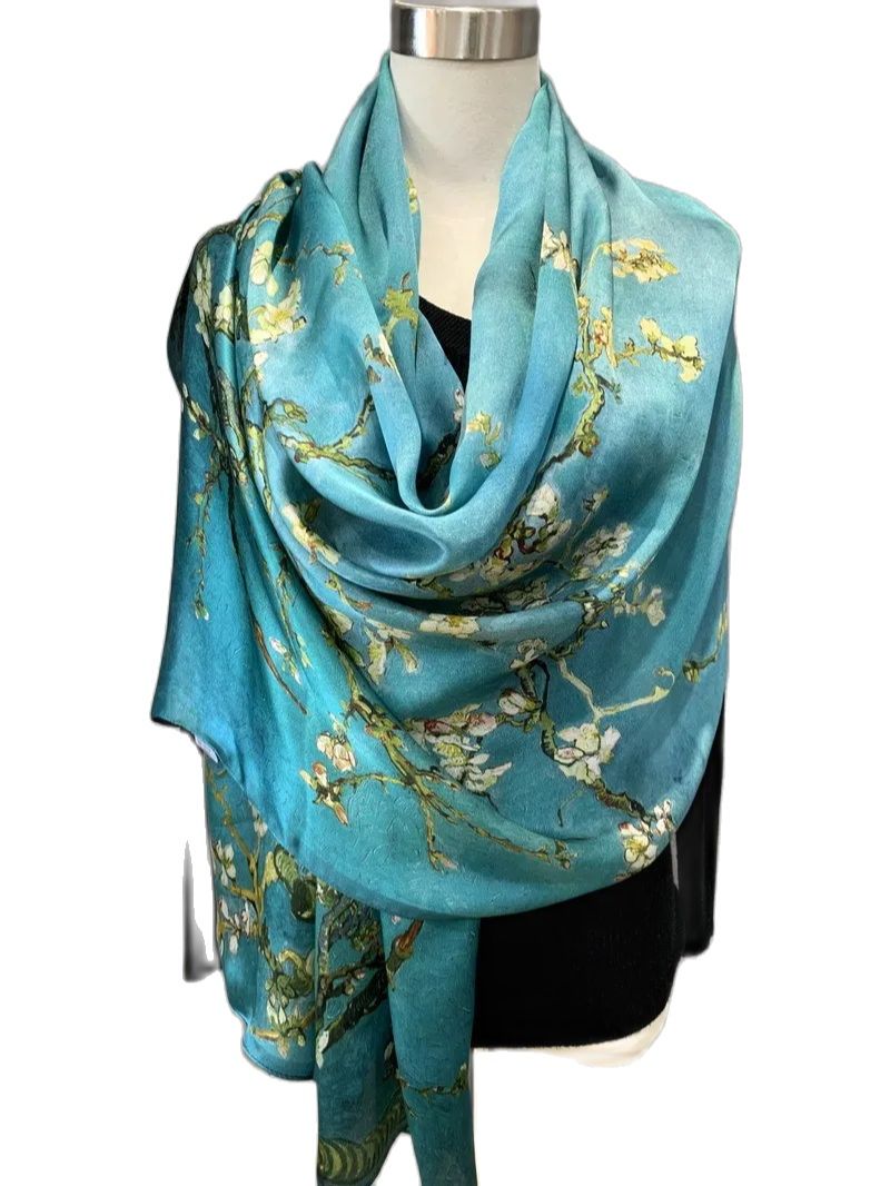 Foulard en soie naturelle 100% pour femmes, châle imprimé numérique, peinture à l'huile Van Gogh, Bandana, arbre abricot, printemps