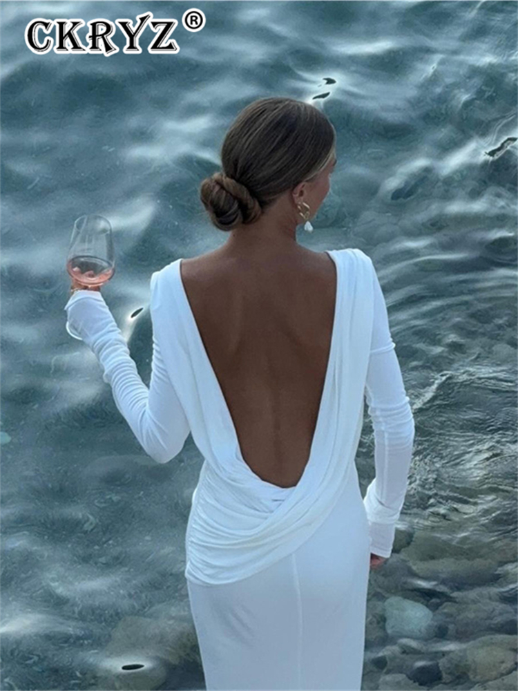 Robe longue élégante pour femme, nouvelle mode, pour soirée, anniversaire, manches longues, dos nu, coupe ajustée, style club et streetwear