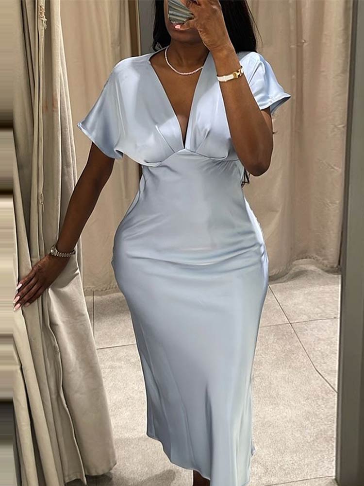 Robe longue en Satin élégante pour femmes, col en v, manches courtes, taille haute, Robes de soirée, mode d'été 2021, ligne a bleue
