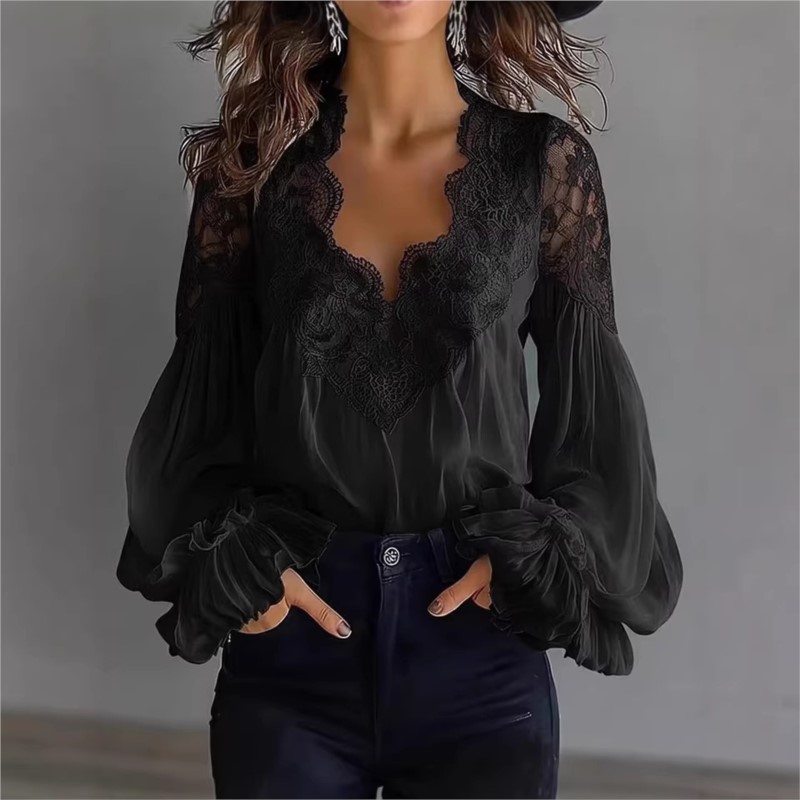Chemisier élégant pour femme à manches lanternes et dentelle, col en V sexy, noir et blanc, idéal pour le bureau et les trajets quotidiens