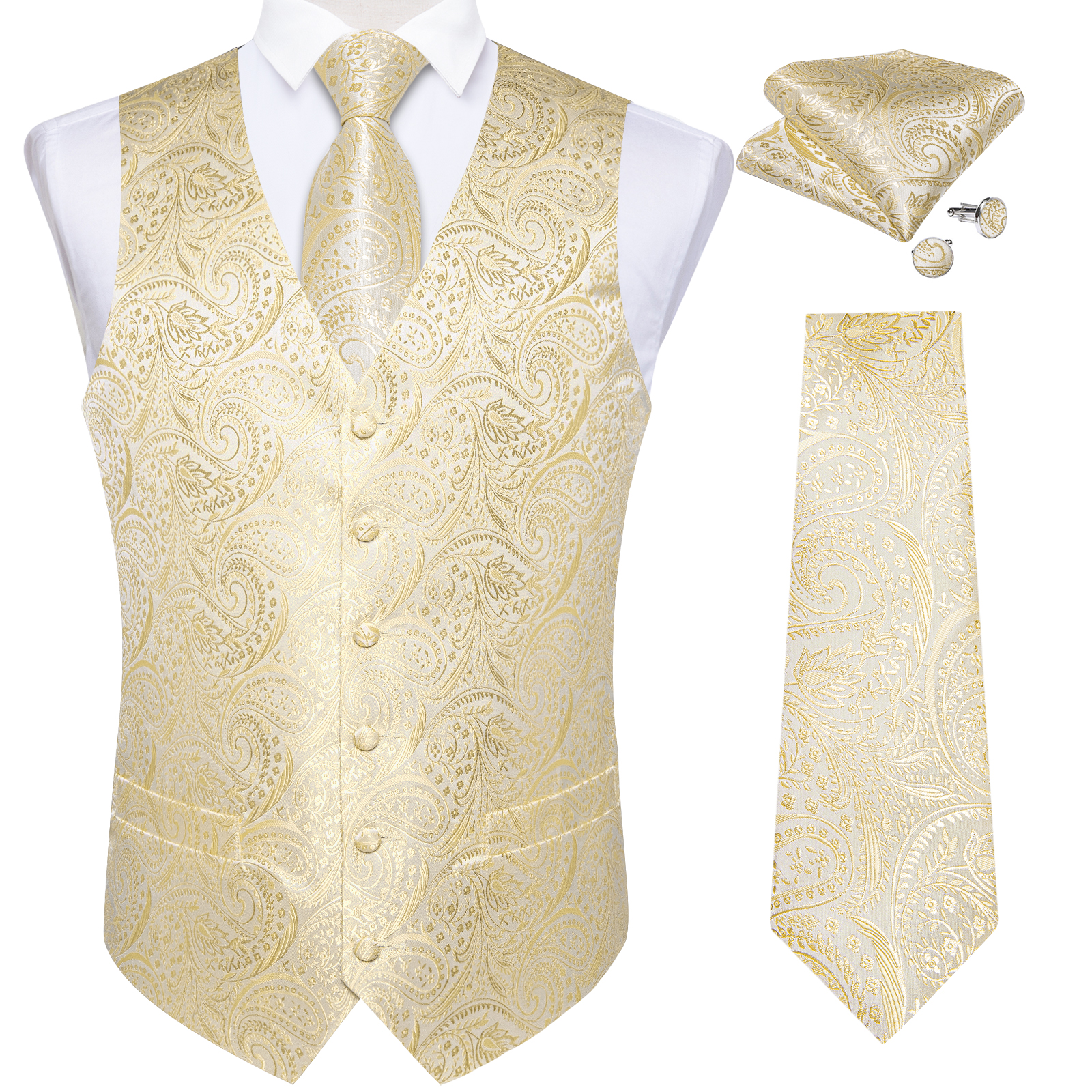 Gilet de Costume Beige Uni pour Homme avec Cravate de 8 cm, Pochette de Costume, Boutons de Manchette – Idéal Mariage, Bal de Promo, Smoking