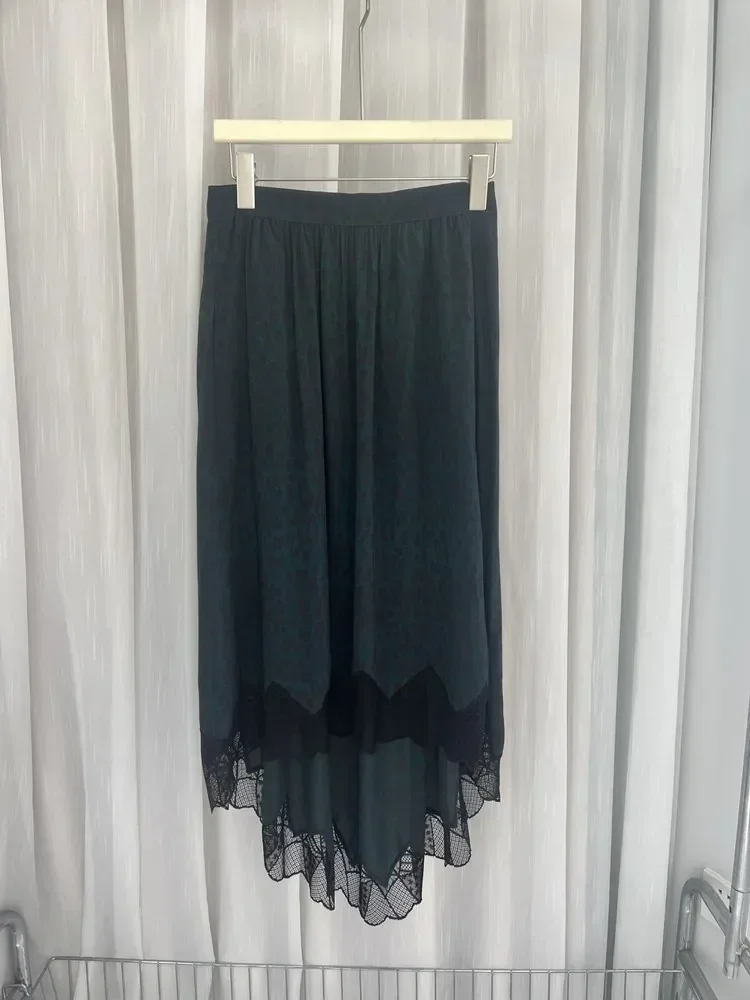 Femmes dentelle épissure mi-mollet Jupe léopard imprimé Viscose classique avant court et arrière longue conception taille élastique dame Jupe