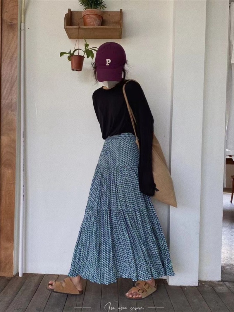 Jupe florale élastique taille haute pour femmes, Version coréenne, ample et amincissante, jupe trapèze en soie, été 2025