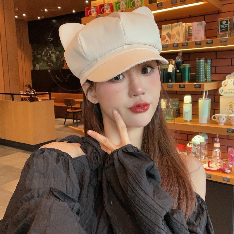 Béret femmes mignon chat oreille doux octogonal chapeaux pour femmes casquette gavroche peintre chapeau Style coréen couleur unie noir