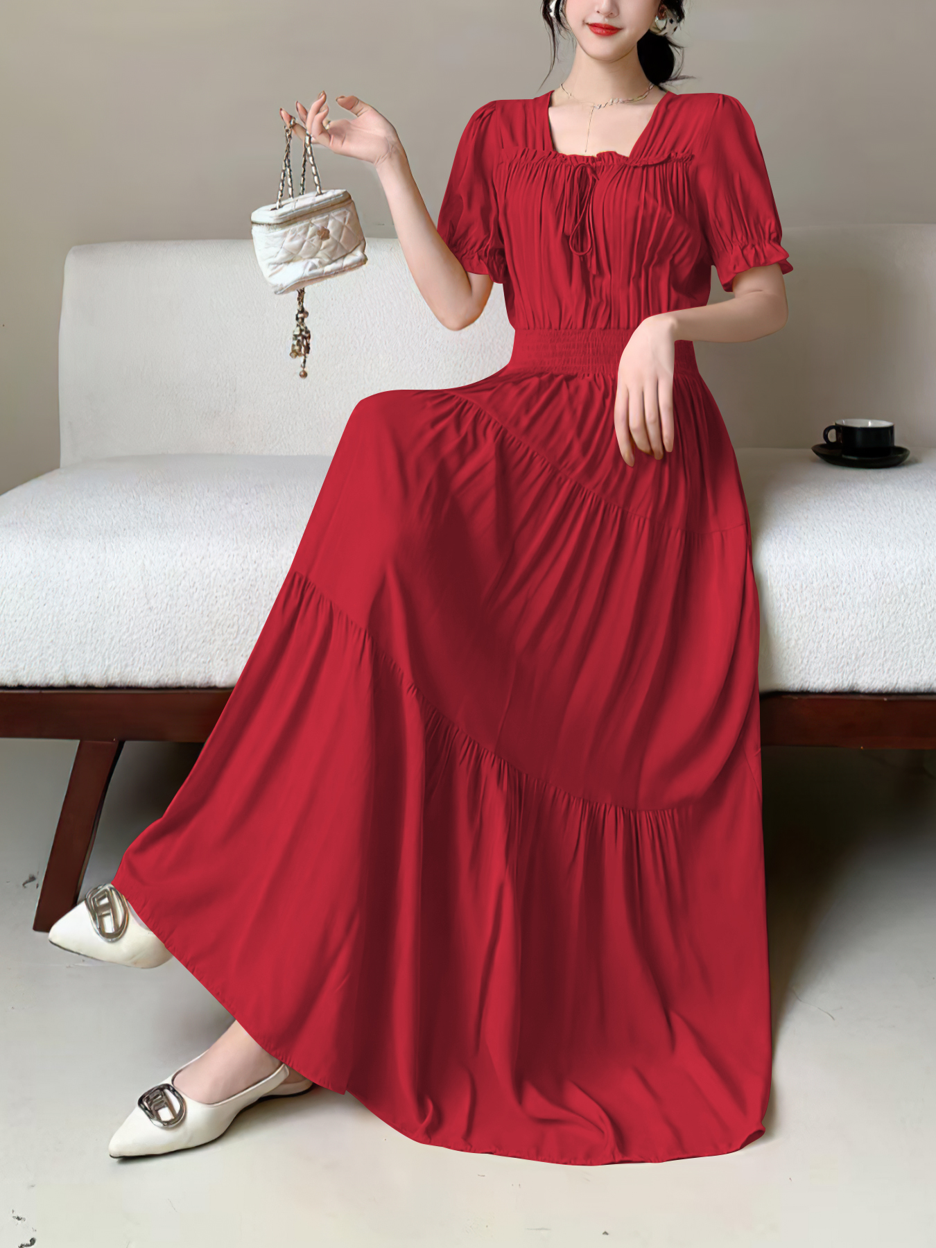Robe midi décontractée pour femme, manches bouffantes, taille haute, chic, à porter au quotidien pour toutes les occasions, style élégant pour les femmes soucieuses de la mode