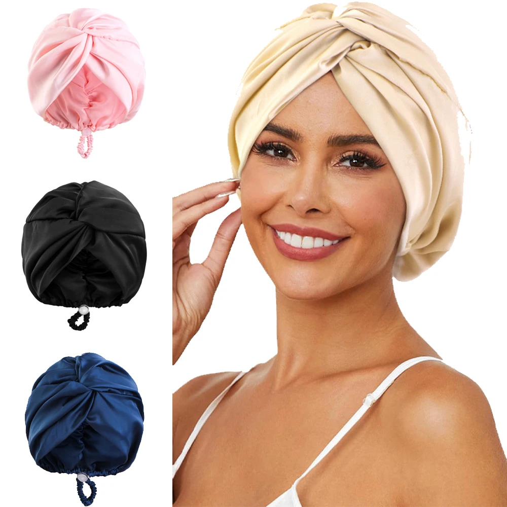Bonnet Turban en soie de couleur unie pour femmes, Bonnet de nuit doux en Satin, soins capillaires, foulard, couvre-chef torsadé réglable
