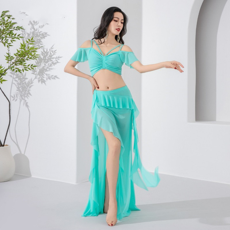 Ensemble de costumes de danse du ventre pour femmes, haut court à épaules dénudées et jupe longue à volants, tenue 2 pièces pour la pratique et les séances photo