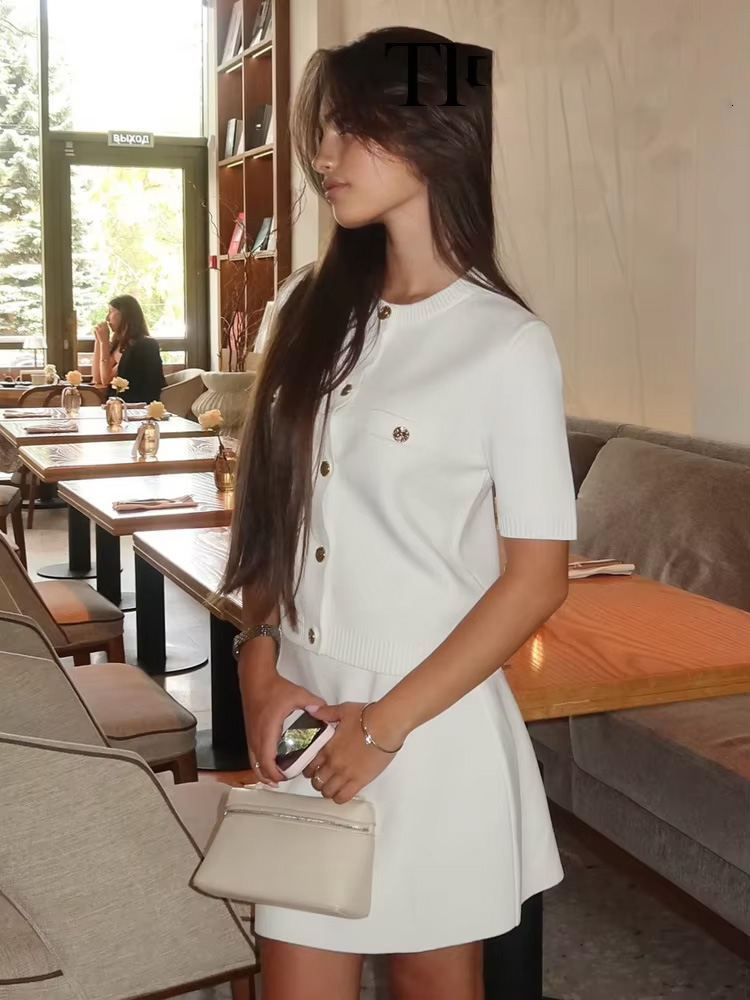 HH – costume élégant pour femmes, col rond, simple boutonnage, avec poche à manches courtes, haut tricoté + Mini jupe à taille élastique