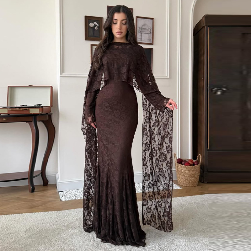 Robe longue femme en dentelle, coupe trapèze, col rond, manches longues, style sirène, élégante, ajustée, pour soirée et mariage 2026