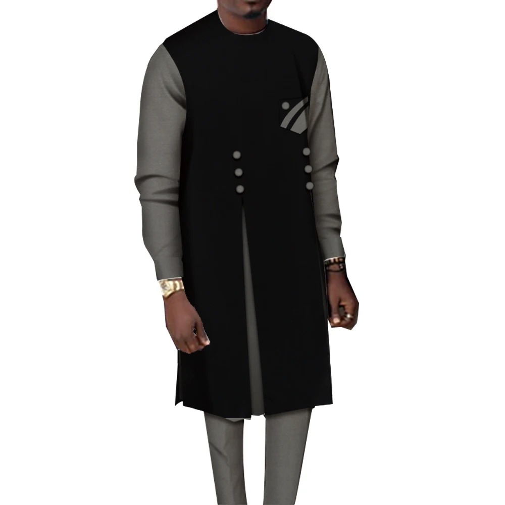 Ensemble 2 pièces en coton pour hommes, vêtements africains décontractés, chemise haute et pantalon, patchwork, WYN1068