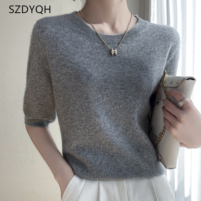 T-shirt à manches courtes et col rond pour femme, pull basique, doux, vêtements pour filles, 100%, nouvelle collection printemps 2023