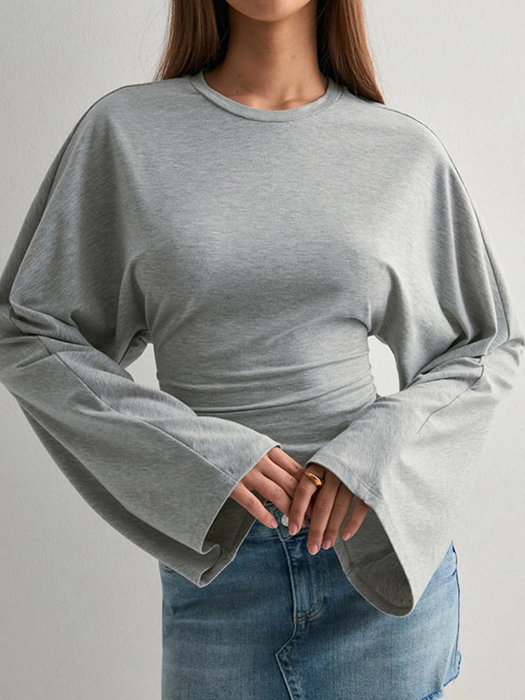 T-Shirt slim à manches longues et col rond pour femme, haut court monochromatique, décontracté, Streetwear Y2K, pull à la mode, tenue d'été