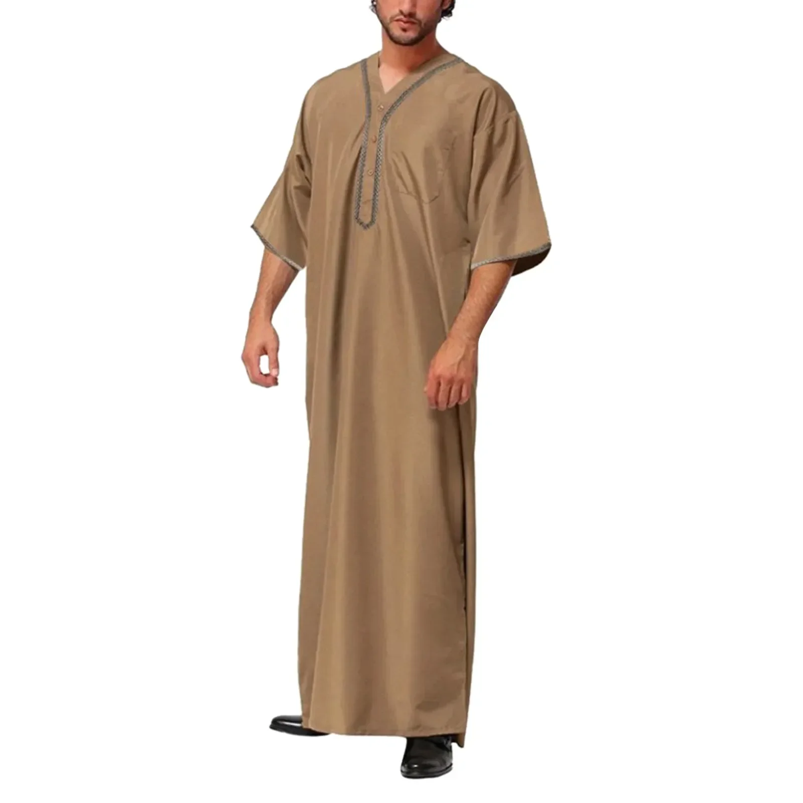 Hommes musulmans Jubba Thobe couleur unie bouton Kimono Robe moyenne Saoudien Musulman chemise col montant islamique arabe caftan hommes Abaya