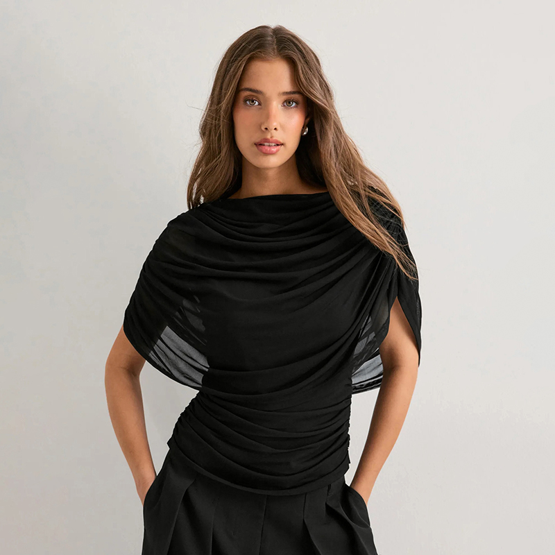 Haut à col écharpe, haut plissé en maille à manches courtes, couleur unie, coupe ajustée
