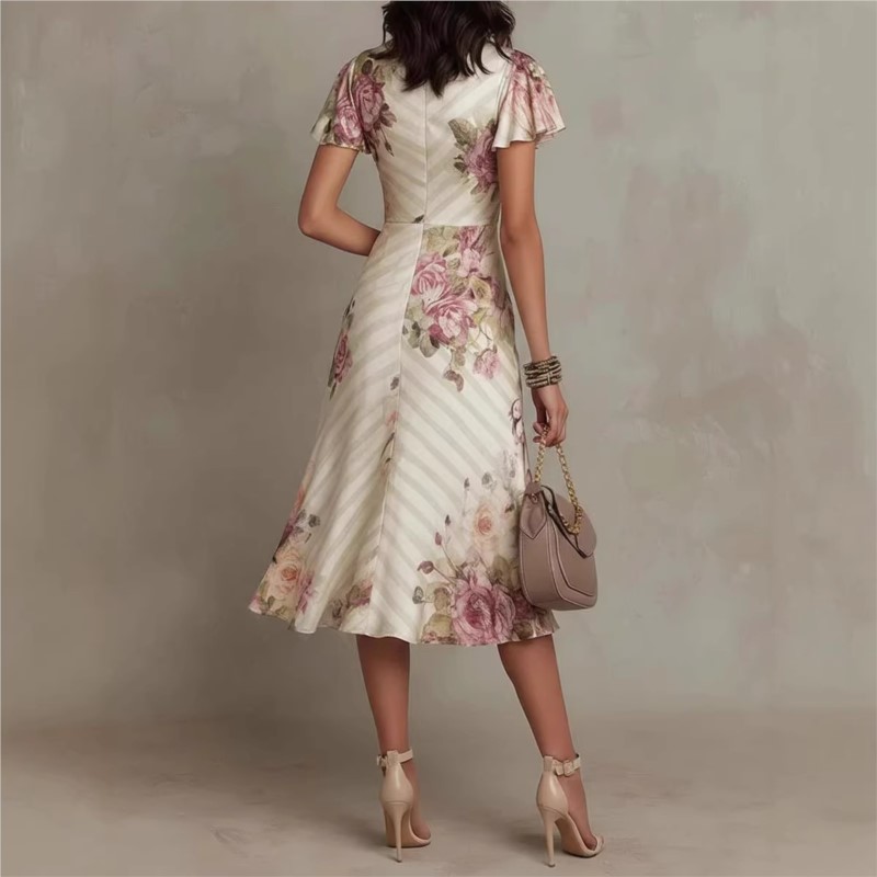 Robe longue élégante à imprimé floral style bohème pour femme, col en V, taille haute, robe de soirée, robe maxi à manches courtes avec fermeture éclair, robe d'été, Vestido