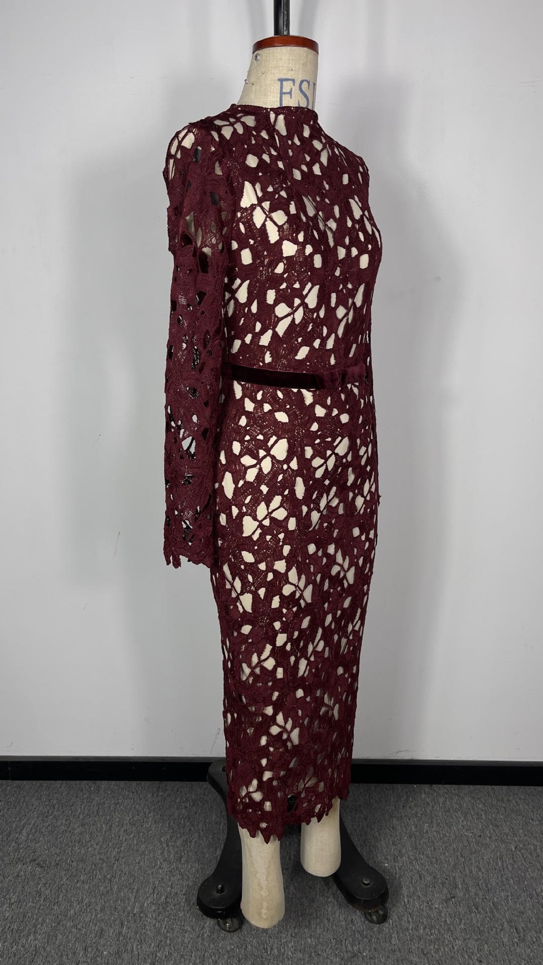 Robe élégante en jacquard pour femmes, manches longues, col haut, bordeaux, robe de soirée mi-longue, robe de cérémonie, robe de soirée pour mariage, qualité supérieure