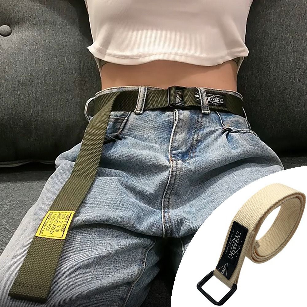 Jeans en toile tressée en nylon pour hommes et femmes, double anneau, noir, structile, polyvalent, étudiant, tendance, ceinture, pantalon cargo, ceinture