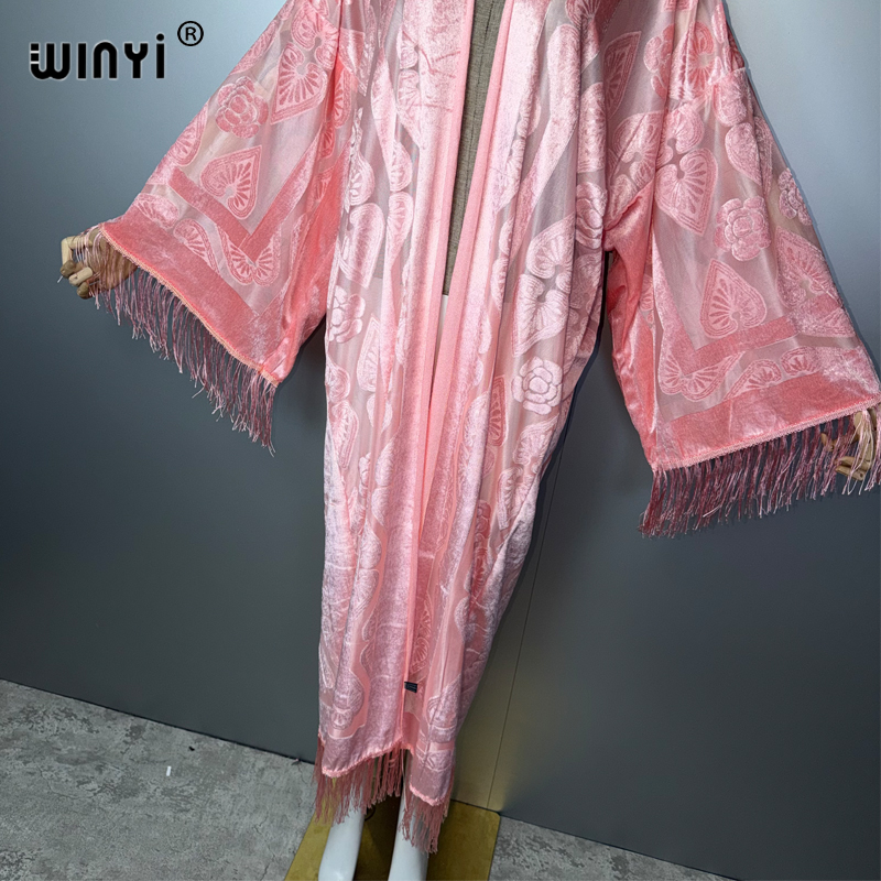 WINYI Kaftan Kimono Maxi Robe Abaya Ouverte Streetwear Perspective Élégante Cache-maillot de Plage Mode Musulmane Manteau