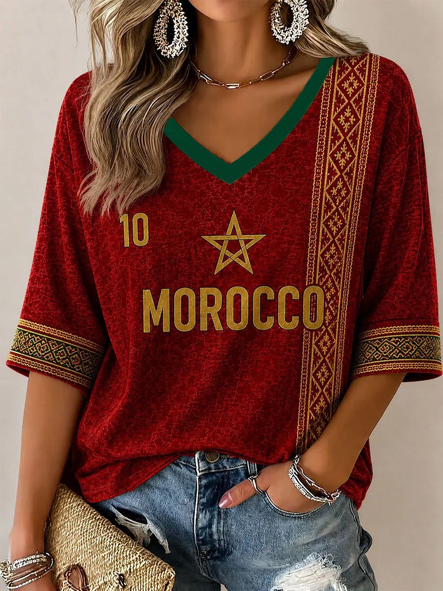 T-shirt décontracté imprimé football du Maroc pour femme, T-shirt culturel sur le thème du football