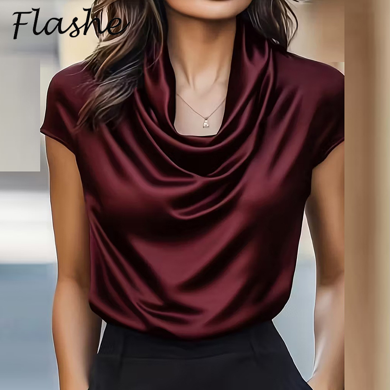 Chemise en Satin élégante pour femmes, col en poils, manches courtes, T-Shirts à la mode pour dames, hauts de bureau, t-shirt ample, chemises d'été en soie pour femmes