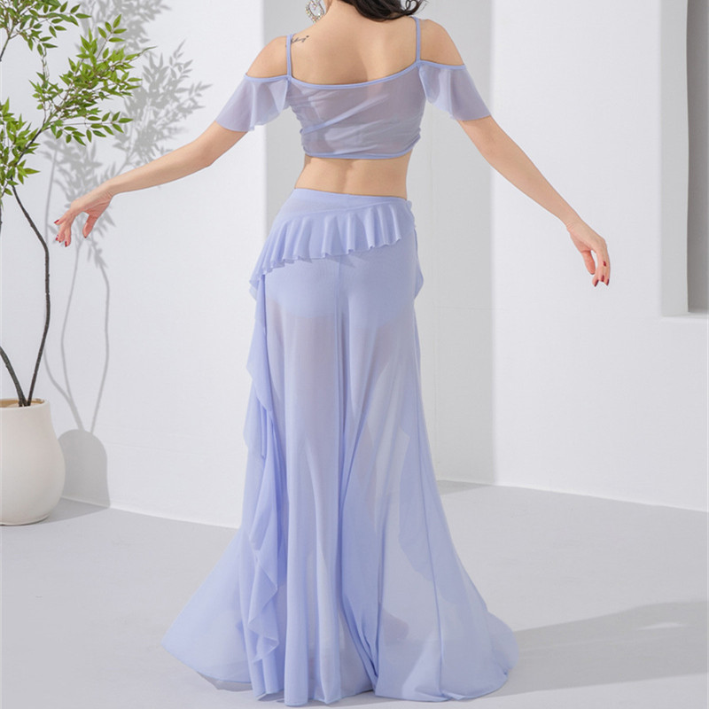 Ensemble de costumes de danse du ventre pour femmes, haut court à épaules dénudées et jupe longue à volants, tenue 2 pièces pour la pratique et les séances photo