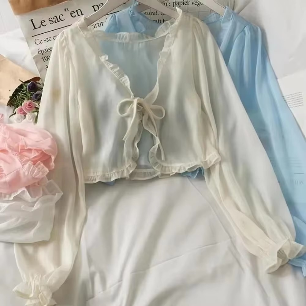 Châle d'été à volants en mousseline de soie pour femmes, couleur unie, manches longues, manteau fin Y2K, Cape boléro, vêtements d'été, haussement d'épaules pour les vacances