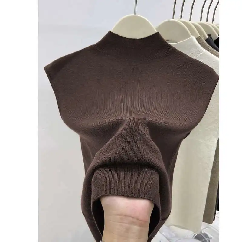 T-shirts tricotés à col mi-haut uni sans manches pour femme, basiques de mode printemps-été, Ropa De Mujer