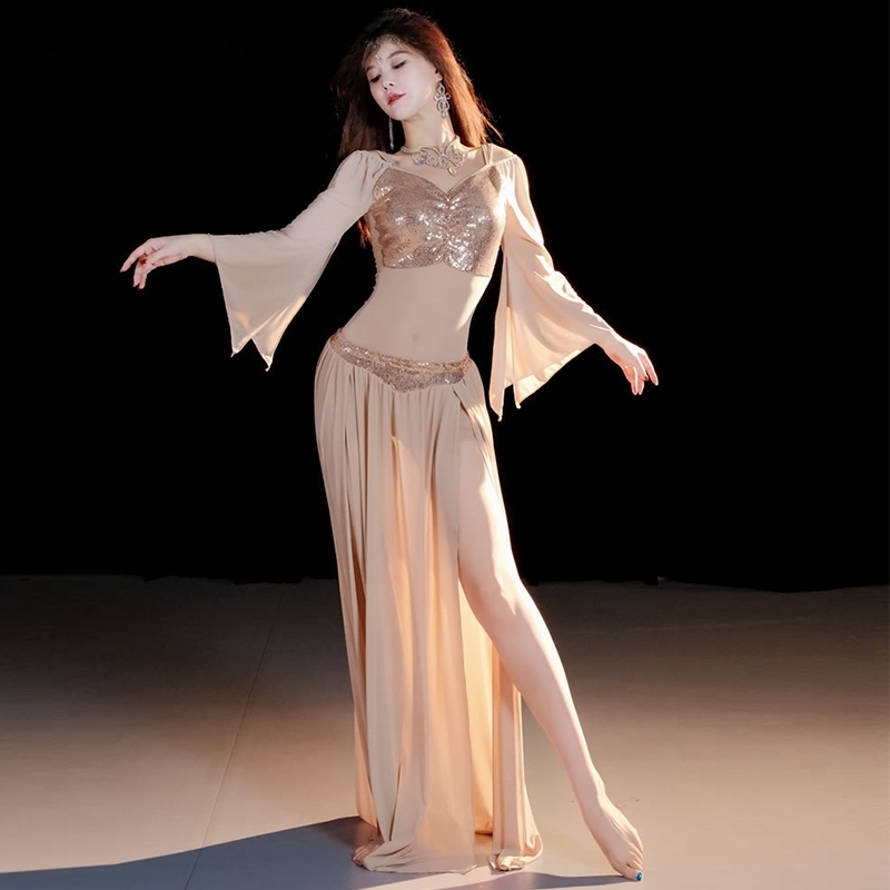 Tenue de danse du ventre professionnelle, haut et jupe longue fendue pour femmes, vêtements de cours de danse orientale, vêtements de spectacle sur scène