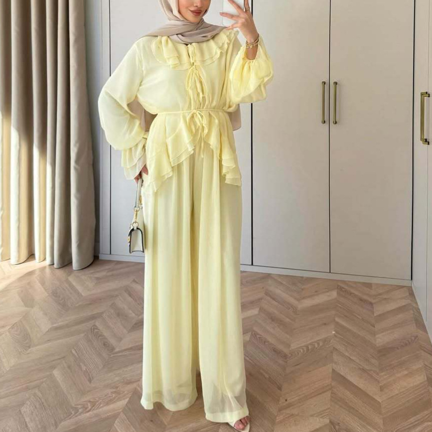 Ensemble 2 pièces pour femme : Blouse et pantalon large, style Ramadan Aïd, tenue musulmane arabe, Maroc, Dubaï, avec lacets, ensemble islamique