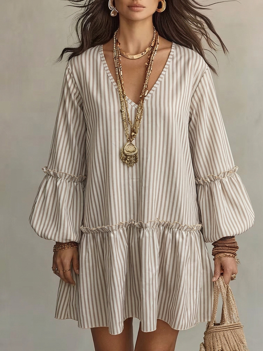 Robe Courte Décontractée Printemps Automne Rayée Colorée Tendance Style Urbain Manches Longues Col V Taille Haute Manches Lanterne