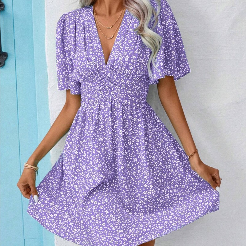 Mini robe plissée à fleurs fragmentées pour femmes, col en V, manches moyennes, imprimé, taille haute, élégante, nouvelle mode, été, éducatif