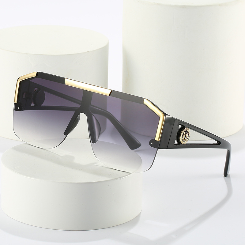 Une pièce lunettes de soleil femmes marque plat haut grandes lunettes tête de Lion évider grandes nuances de soleil Uv400 demi-monture lunettes