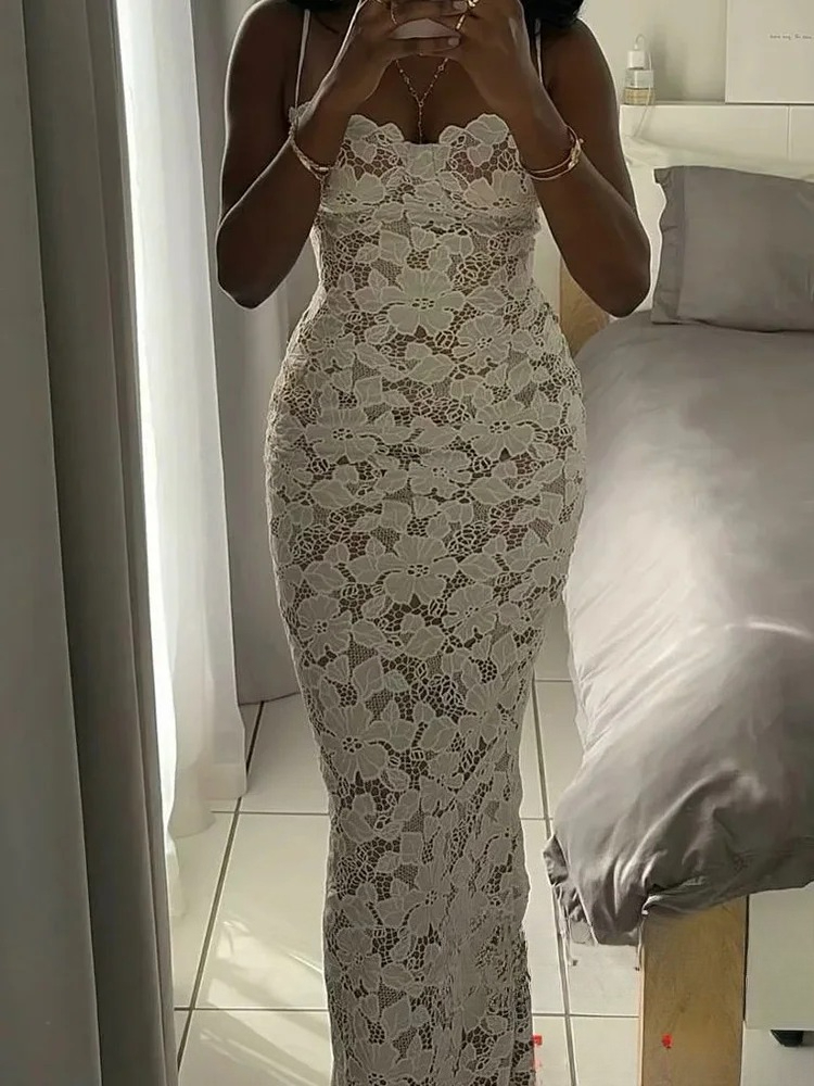 KONDALA Vintage Sexy Chic dentelle femmes robe blanc solide sans manches fermeture éclair dos fourche Cami robes mode 2025 longue robe de soirée