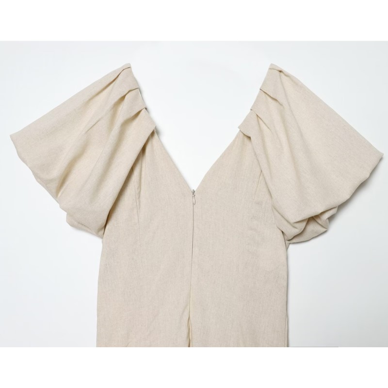 Nouvelle Robe Midi Femme Printemps 2026 Décontractée Col V Manches Bouffantes Unie Longue Évasée Chic