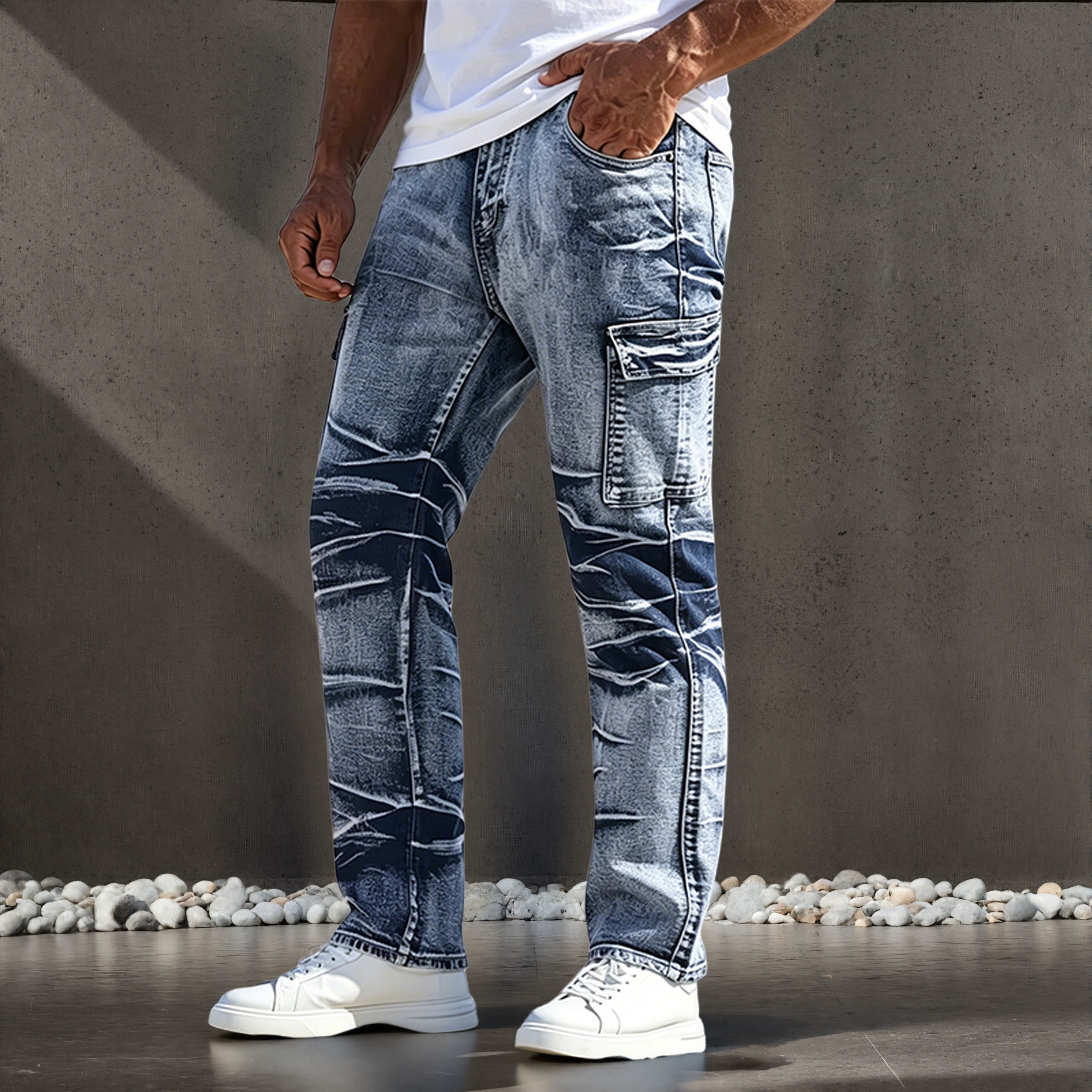 Jeans pour hommes, style décontracté américain, design multi-poches, pantalon droit simple et polyvalent, adapté à toutes les saisons