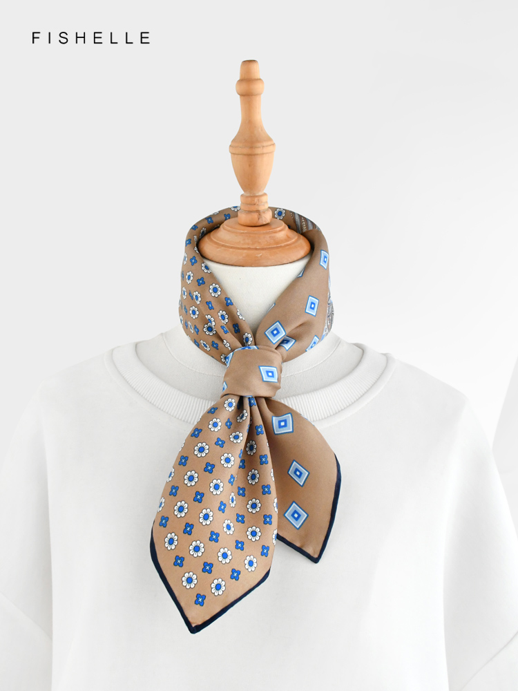 Petit Foulard Carré en Soie Naturelle Patchwork de Couleur Camel, Hijab pour Femme et Homme, Cadeaux de Luxe, Nouvelle Collection Printemps Automne