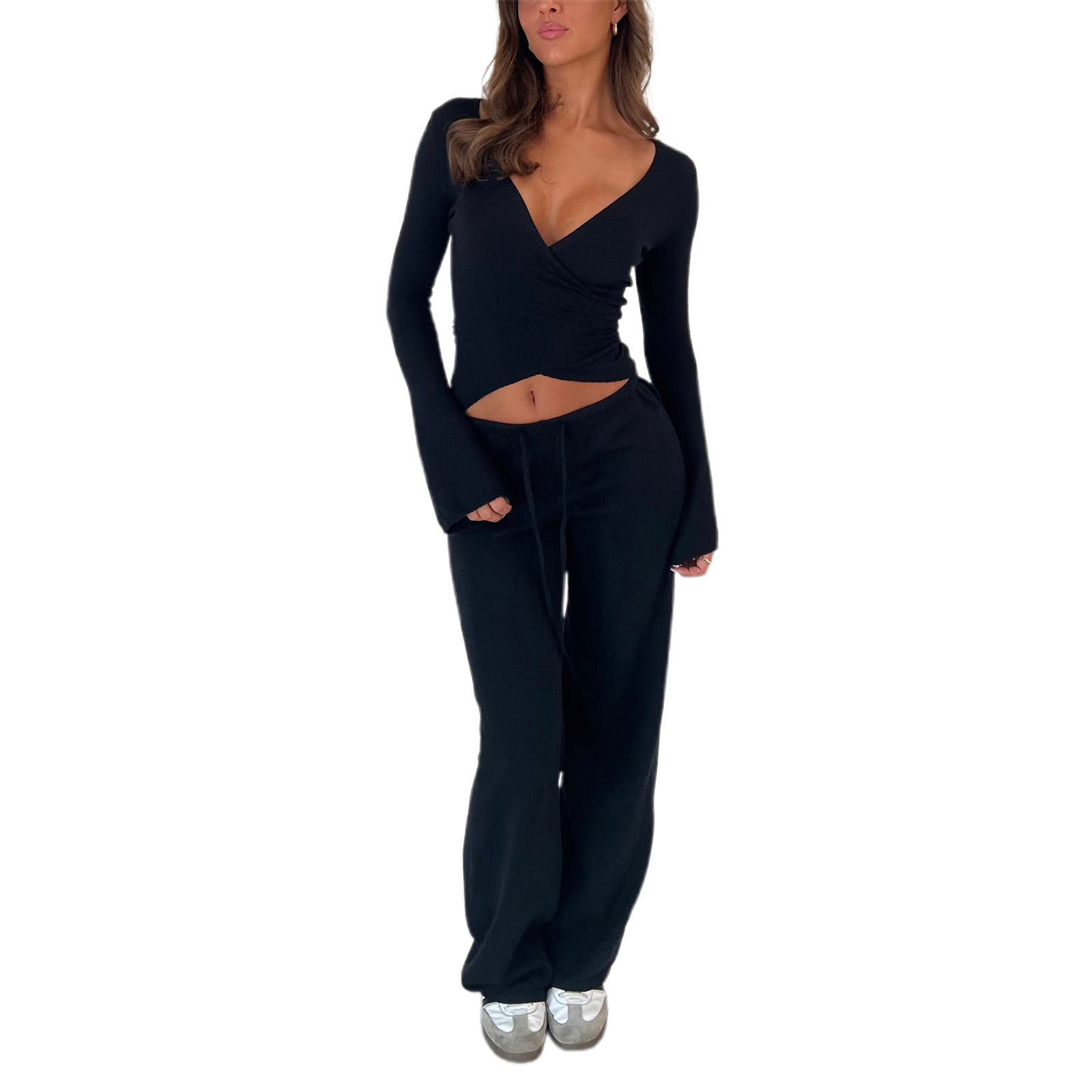 Ensemble Lounge Femme Tendance Vintage 2 Pièces : T-shirt Col V à Nouer à la Taille + Pantalon Taille Élastique, Haut Court à Manches Longues Automne