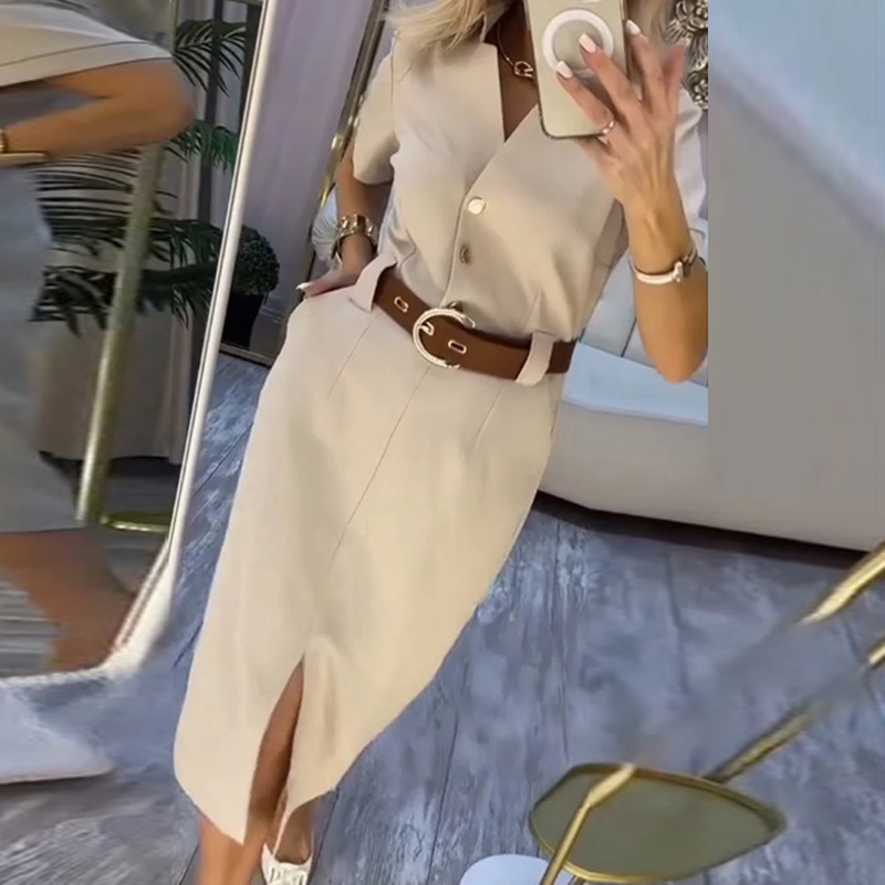 Robe de soirée pour femmes, couleur unie, taille haute, élégante, manches courtes, fendue, droite, Sexy, col en v, simple boutonnage, mi-longue