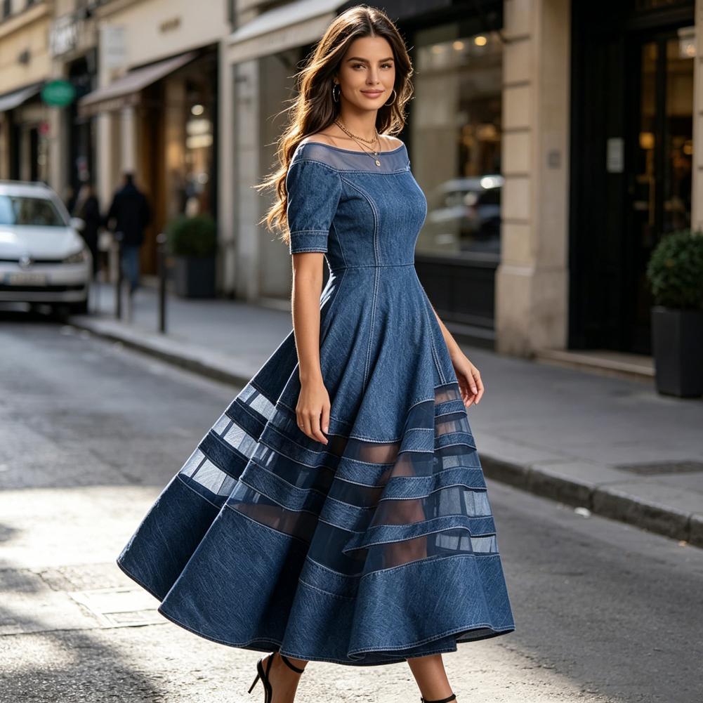 Robe en jean tendance pour femme, épaules dénudées, patchwork en maille, manches courtes, coupe trapèze évasée, longue, pour l'été, les voyages et les vacances