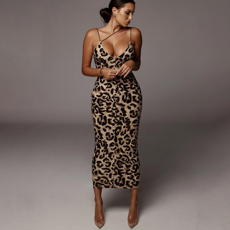 Robe mi-longue sexy imprimé léopard, sans manches, col en v, mode femme, streetwear, tenues de fête de noël, printemps
