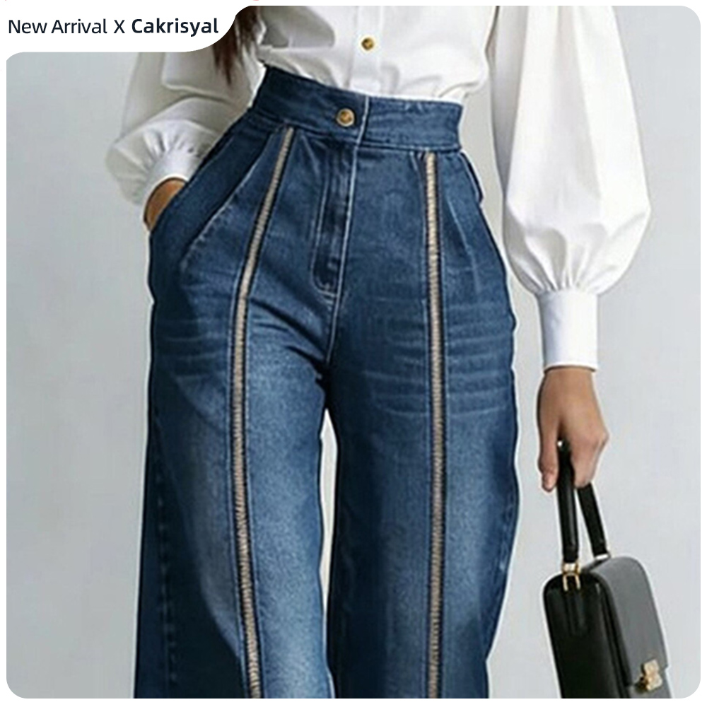 Jean décontracté pour femme à taille haute, coupe large, avec fermeture éclair décorative et poches obliques, élégant et ample