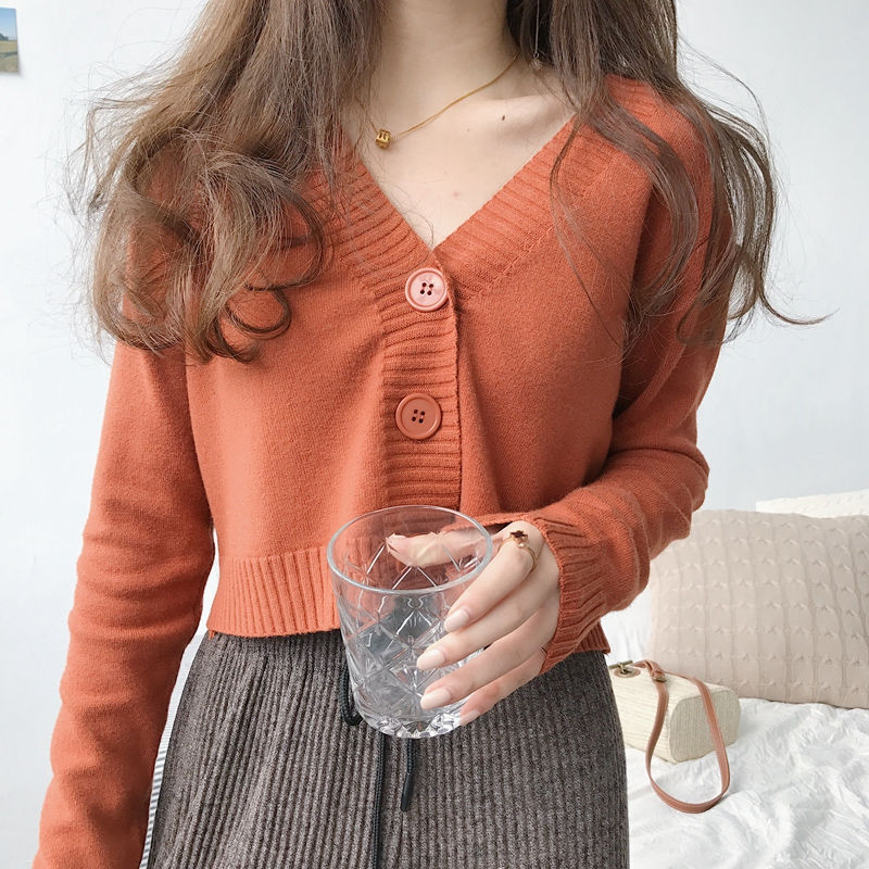 Cardigan court en tricot pour femme, style coréen, pull court à manches longues, col en V, élégant, pour le printemps et l'automne